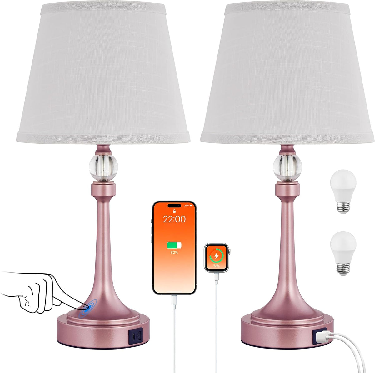 Touch Table Lamp Set of 2 with USB C+A Ports-19.7'' Rose Gold