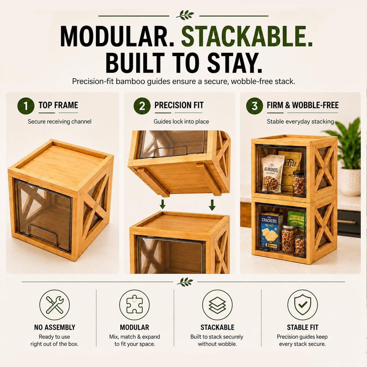 Bamboo Snack & Pantry Organizer, Stackable Pull-Out Drawers, 2 Pack