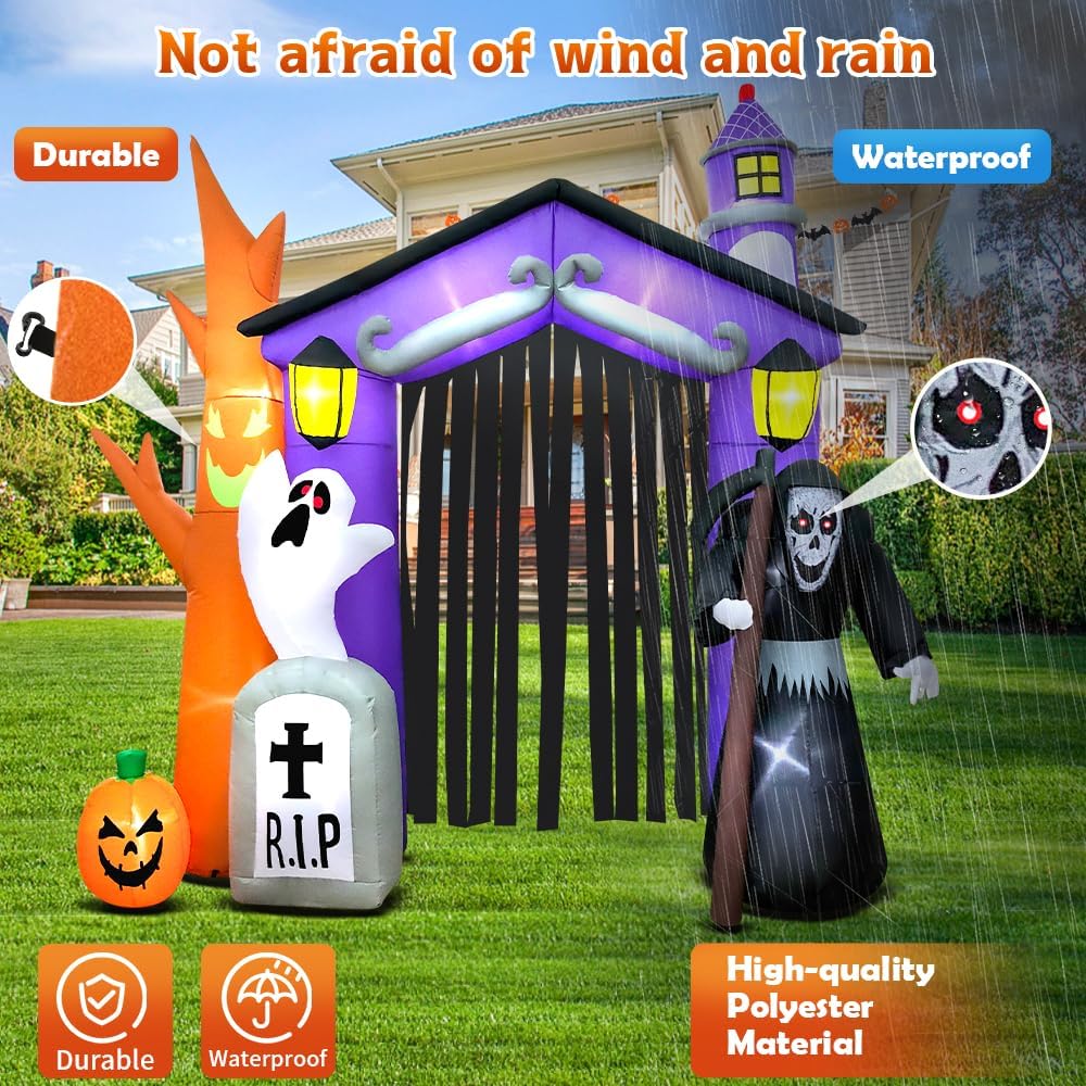 9FT Halloween Inflatables Haunted House Castle Archway Decoration with Led Li...