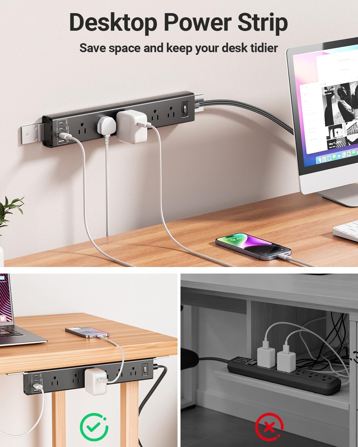 Mountable Power Strip, Wall Mount Surge Protector Power Strip with USB Ports,...