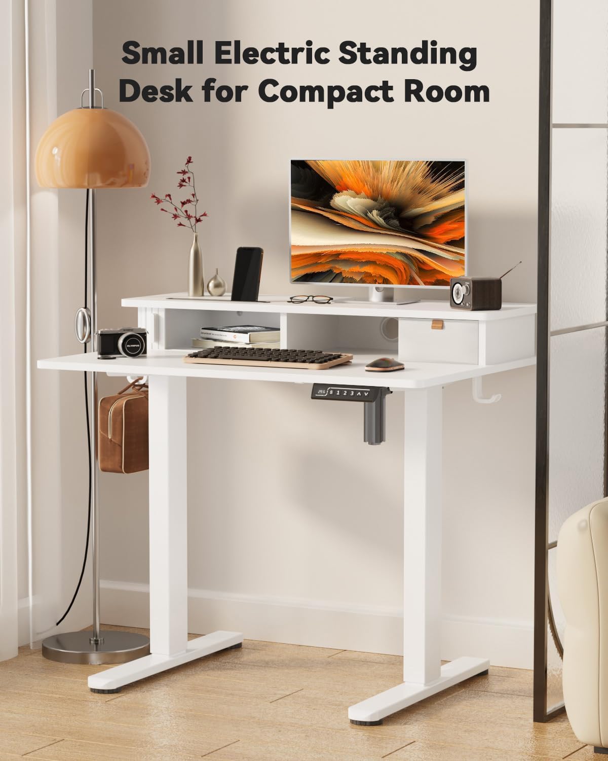 JOY worker 35" Small Electric Standing Desk with Monitor Stand & Sto...