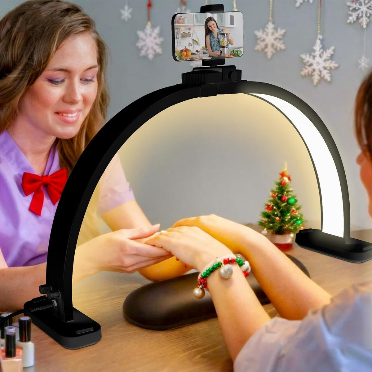 CGBE Nail Tech Light: 30.7" Half Moon Nail Desk Lamp with Phone Holder