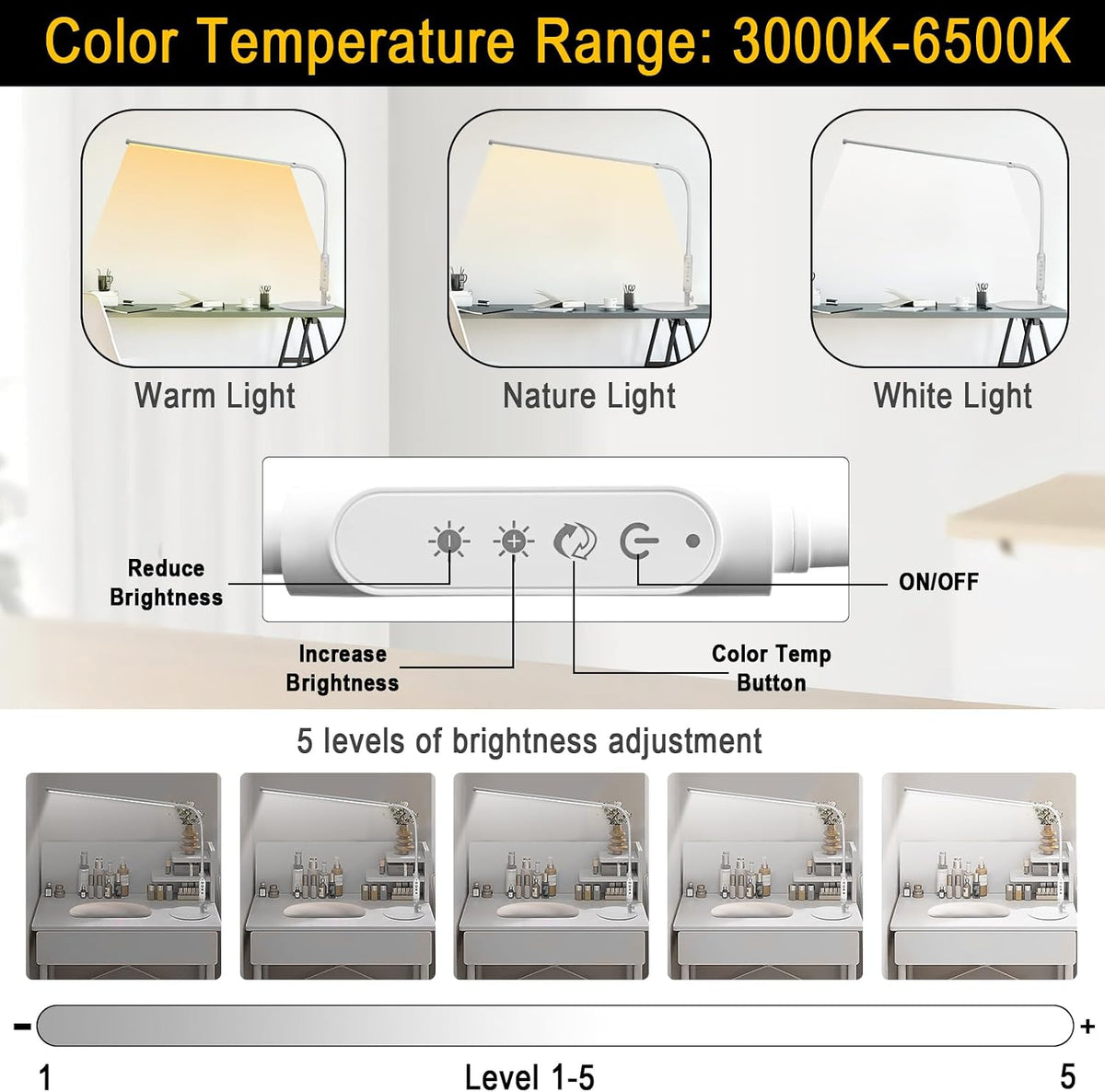 CGBE LED Desk Lamp, 23.6" Nail Light for Desk with Adjustable Gooseneck
