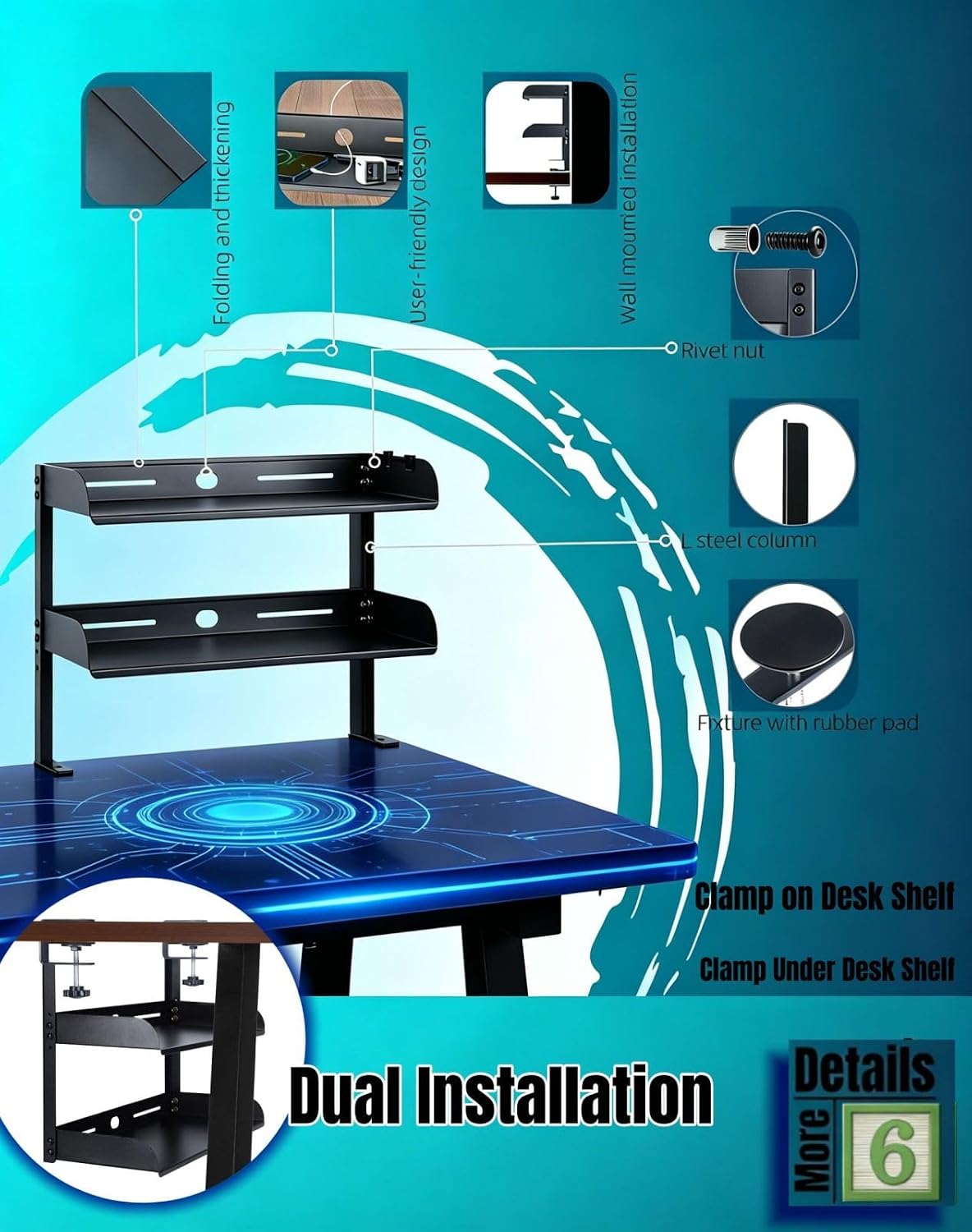 Yuxh Clamp on Desk Shelf 2‑Tier, Black, Small