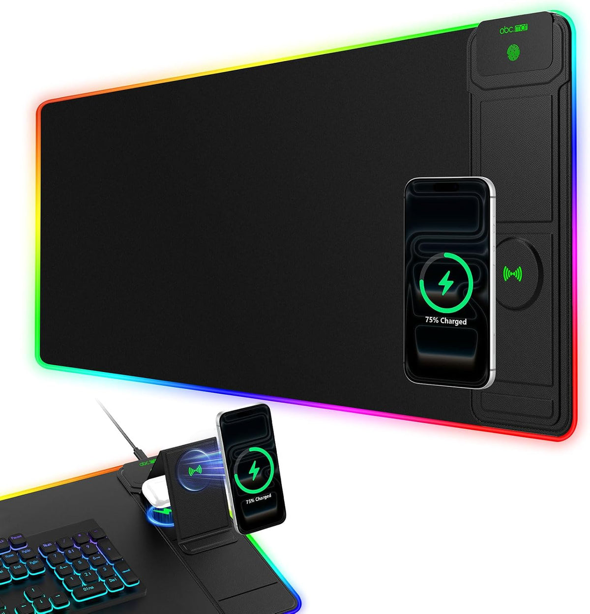 RGB Gaming Mouse Pad with Magnetic Wireless Charging & Foldable Phone Stand