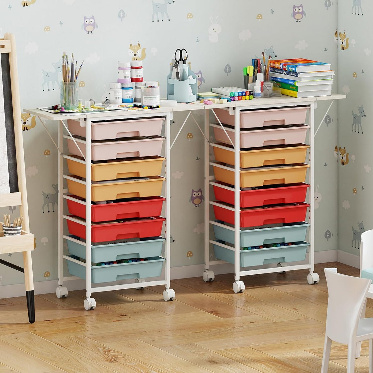 GOFLAME 8-Drawer Rolling Storage Cart with Foldable Wooden Top