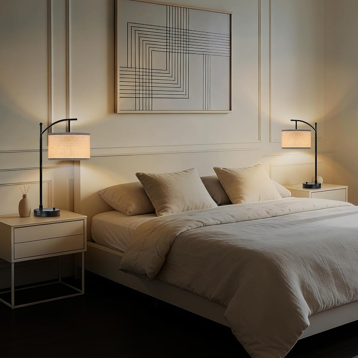 Table Lamp Set of 2, 23.5" Bedside Lamps with USB C+A Ports, Black