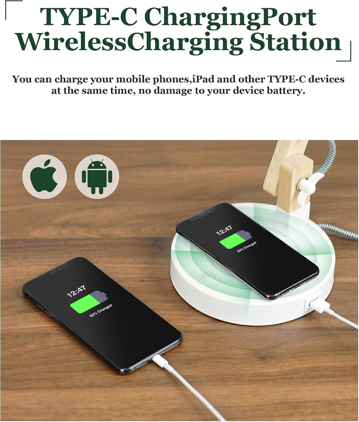 ELYONA Japandi White Desk Lamp with Wireless Charger, Solid Wood Table Lamp w...