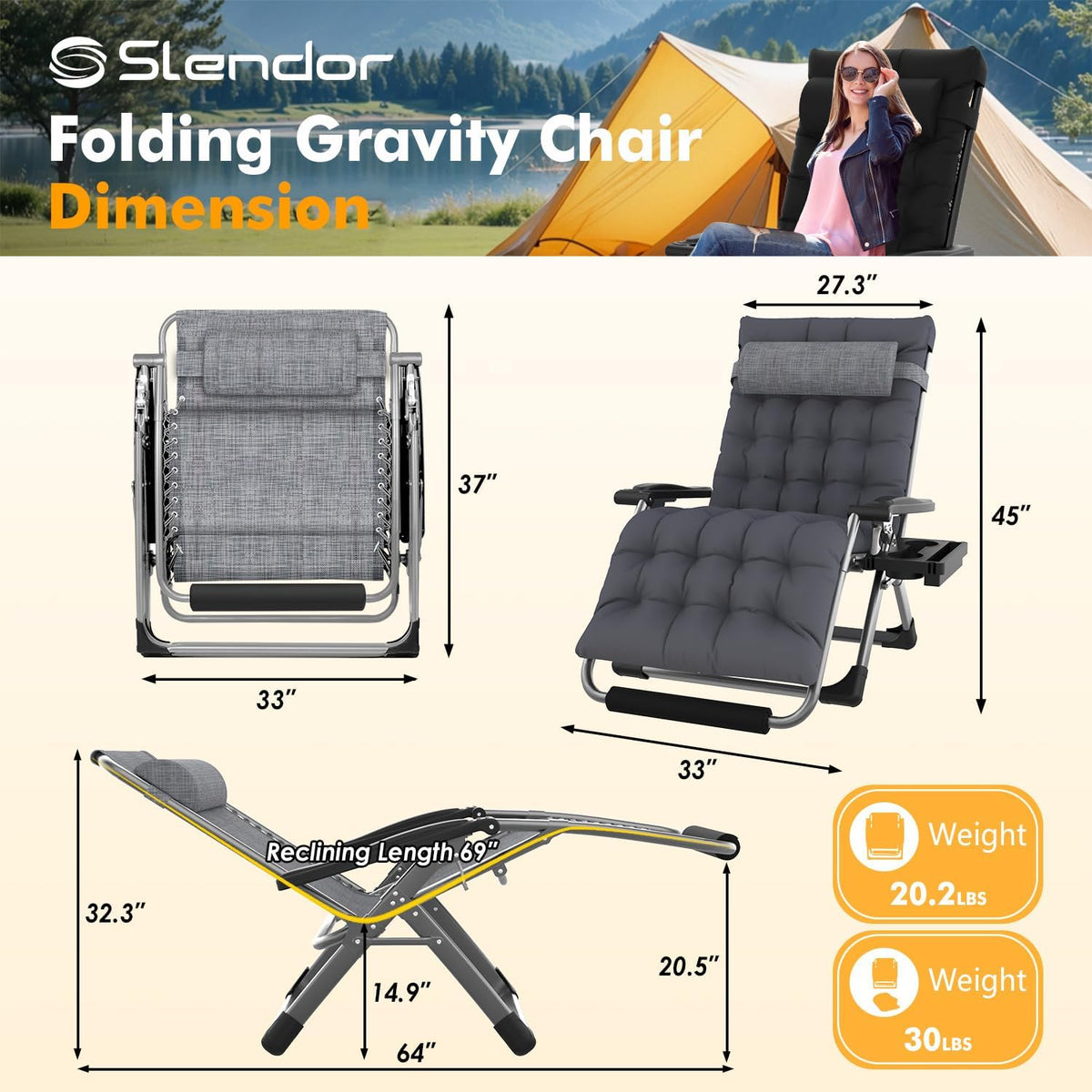 Slendor Oversized Zero Gravity Chairs XXL, 33In Recliner Chair, Dark Gray