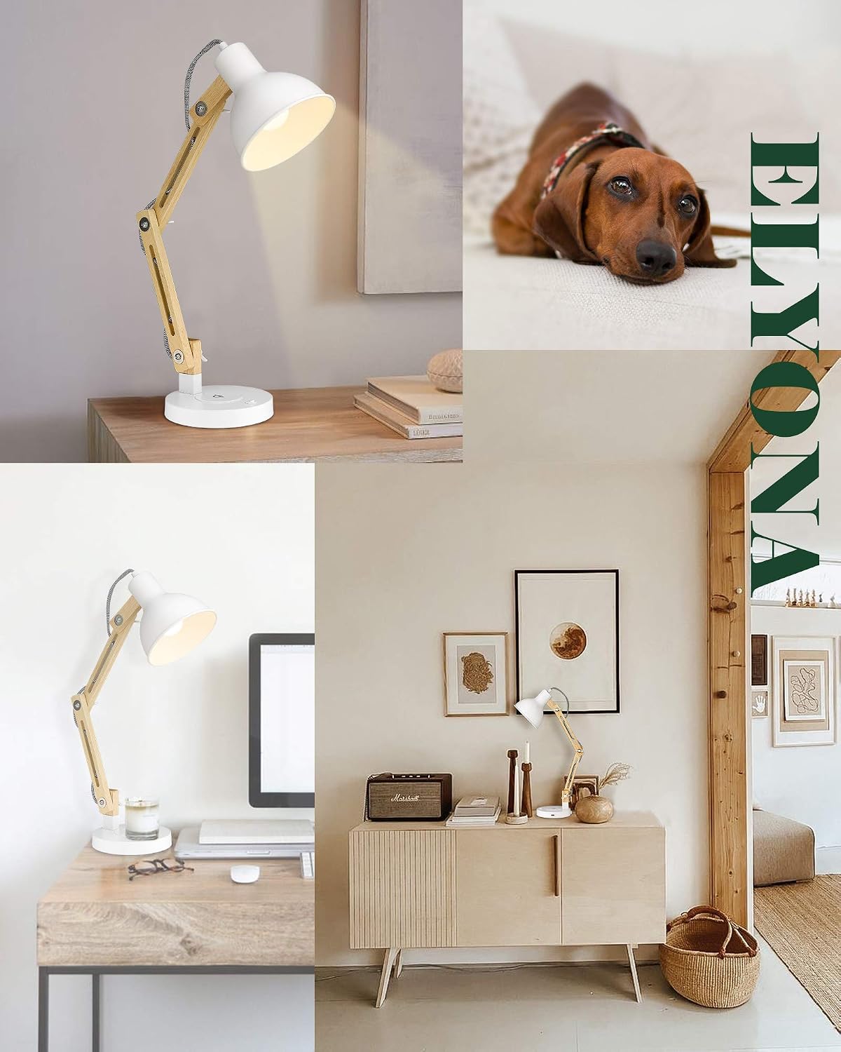 ELYONA Japandi White Desk Lamp with Wireless Charger, Solid Wood Table Lamp w...