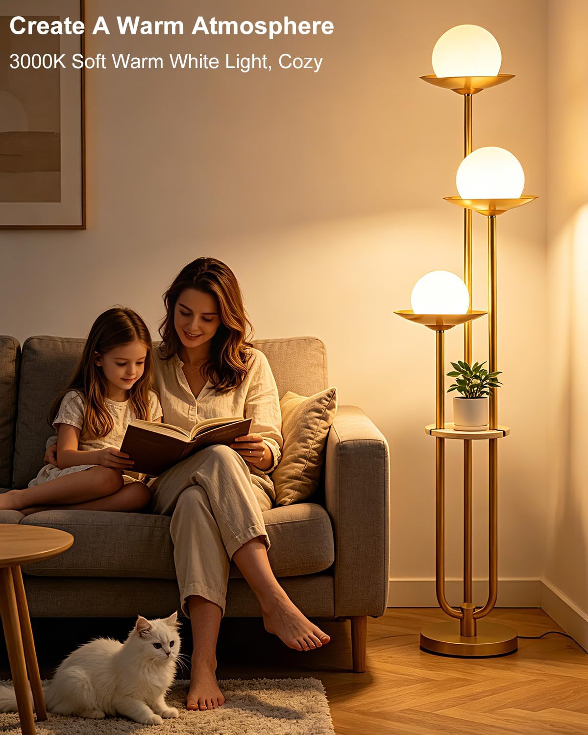 Lightdot Globe Floor Lamp with Table 3-Lights Modern Dimmable Floor Lamps for...