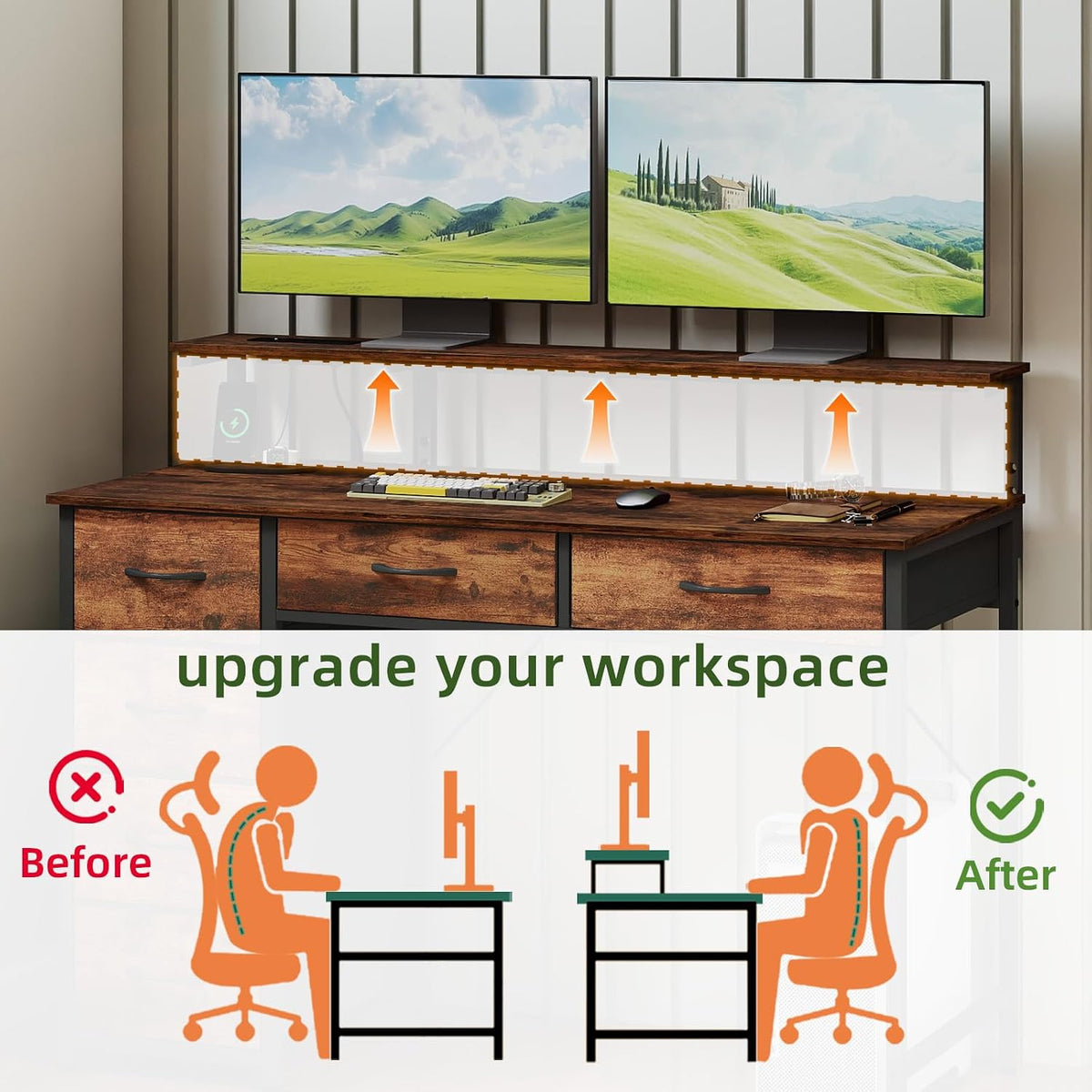 Somdot Computer Desk with Power Outlet and LED Lights, Desk with 6 Drawers