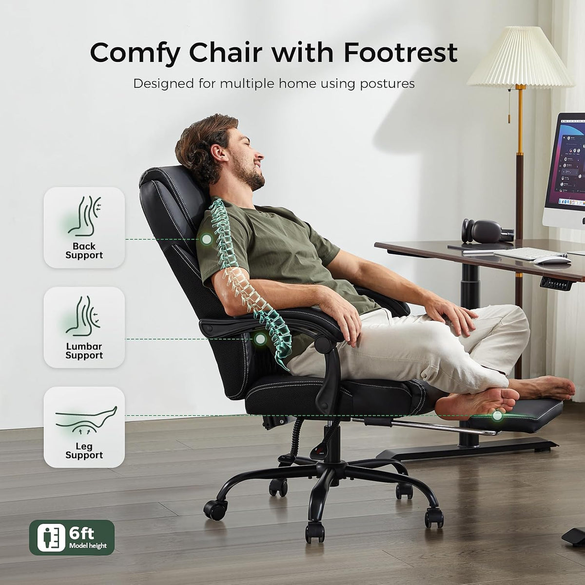 amseatec Big and Tall Office Chair with Footrest, Lumbar Support, Black