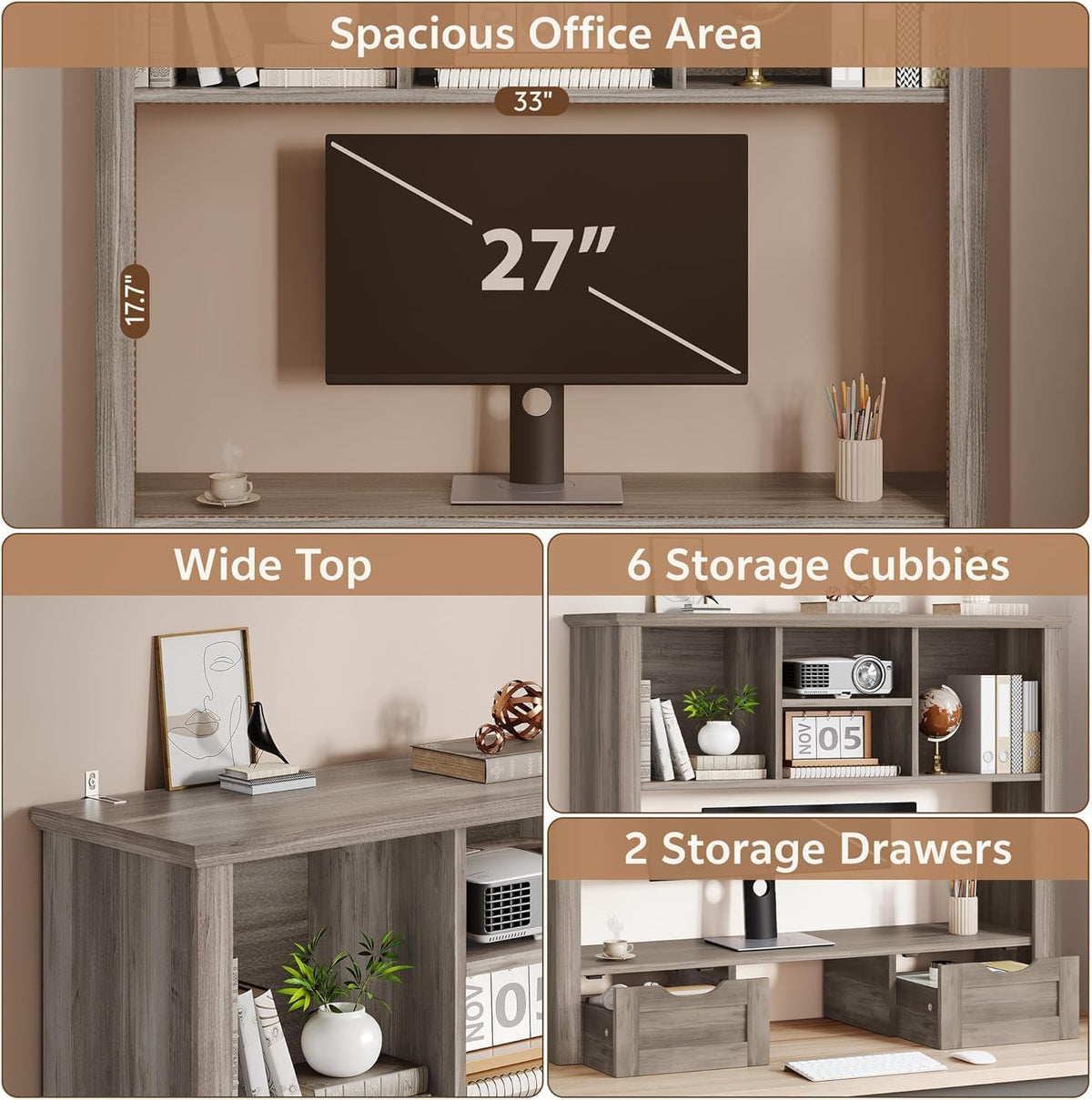 Desk Shelf with Computer Monitor Stand, 37.4''W Desktop Bookshelf