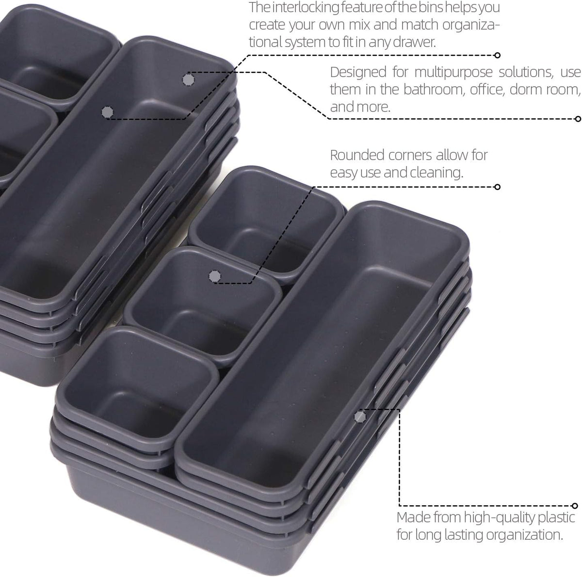 Set of 32 Interlocking Desk Drawer Organizer Tray Dividers Plastic Shallow Na...