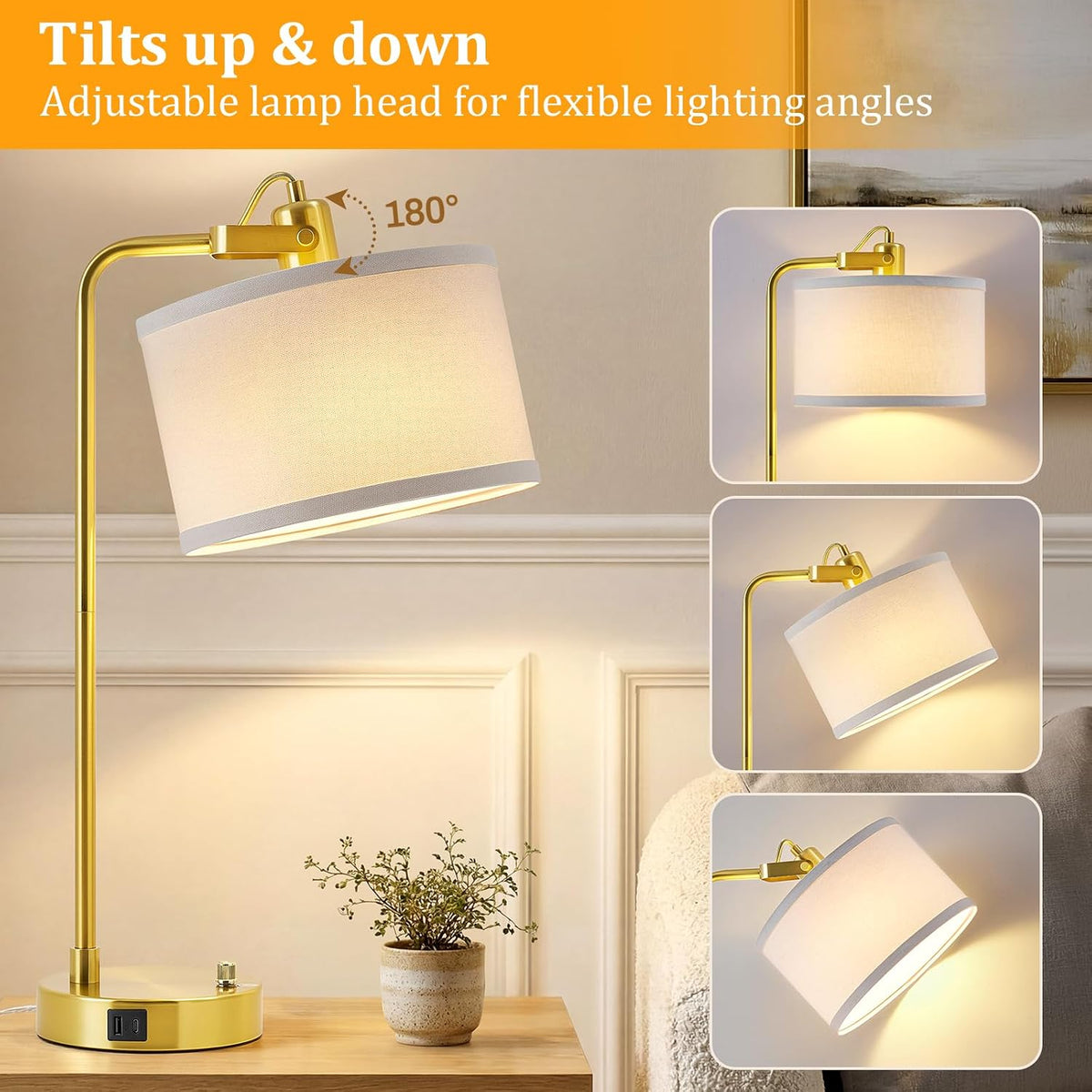 Gold Table Lamp Set of 2, USB A+C, 180° Adjustable Bedside Lamps, Dimmable