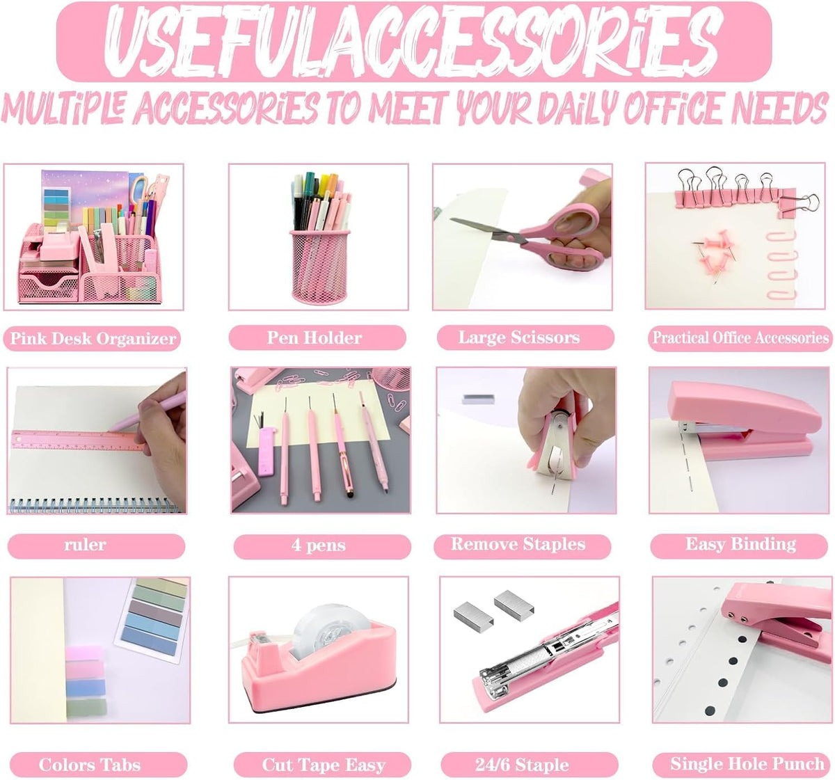 Pink Office Supplies, 17Pcs Pink Desk Accessories Set Include Stapler, Mesh D...