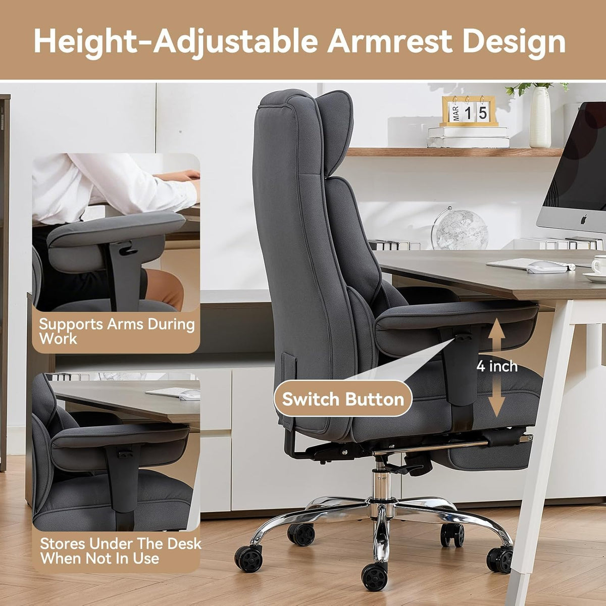 Efomao Executive Office Chair, Bluegrey Fabric Big and Tall Desk Chair