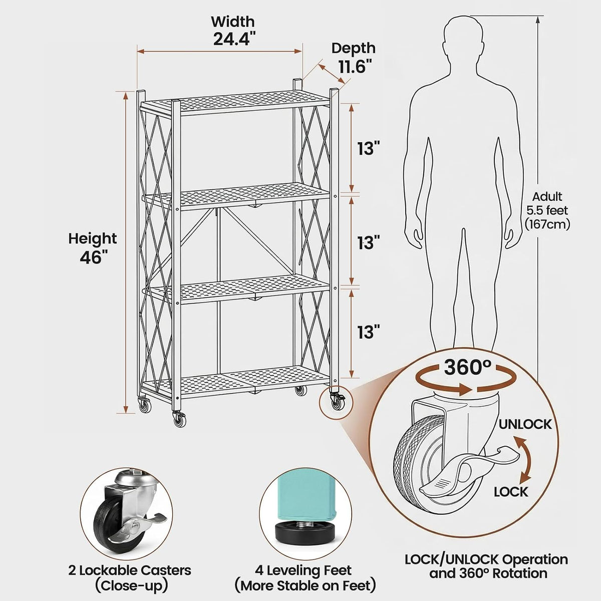 ALANNG 4 Tier Folding Shelf with Wheels, No Assembly Metal Storage Rack