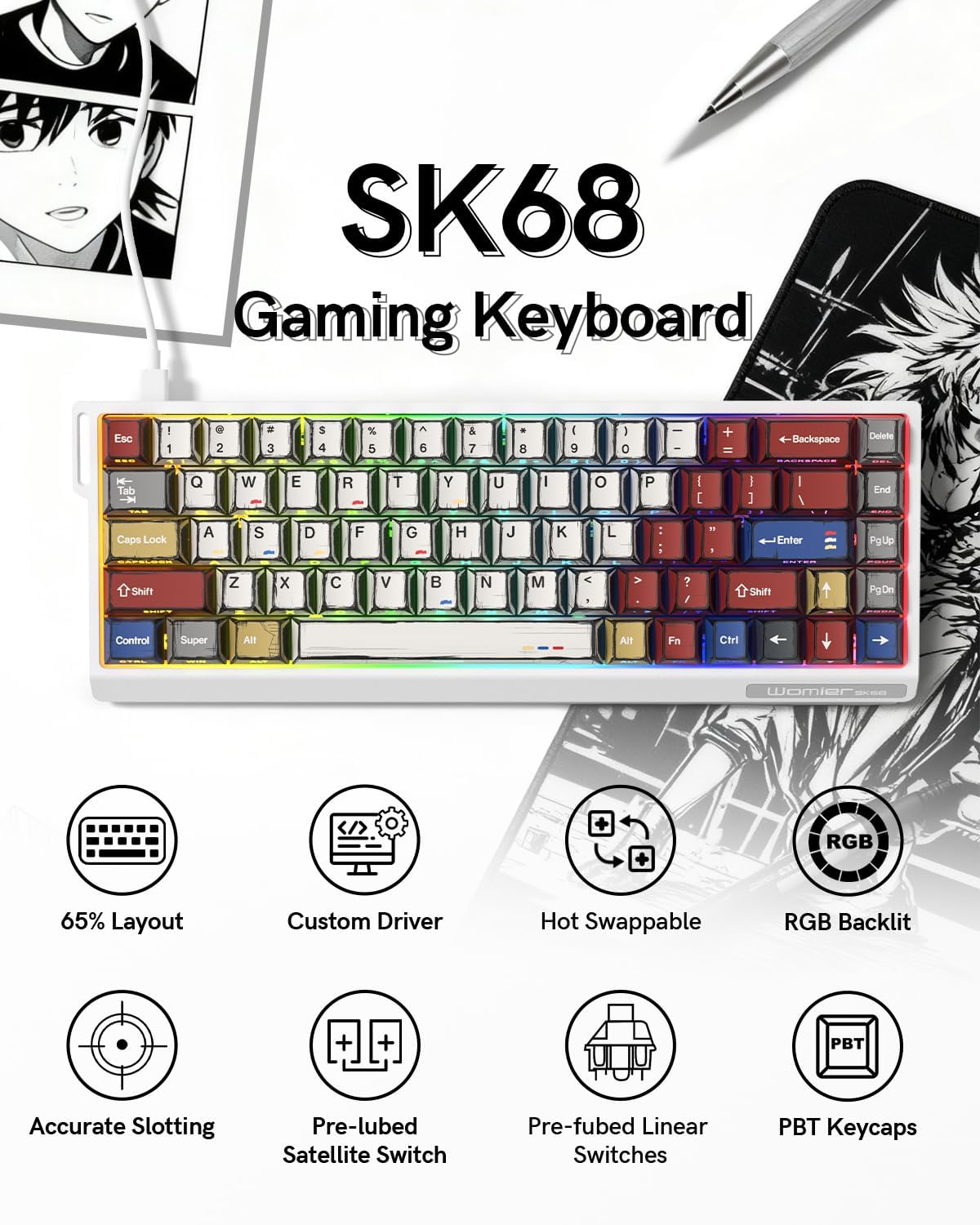 SK68 65% Wired Gaming Keyboard, Aluminum Mechanical Keyboard