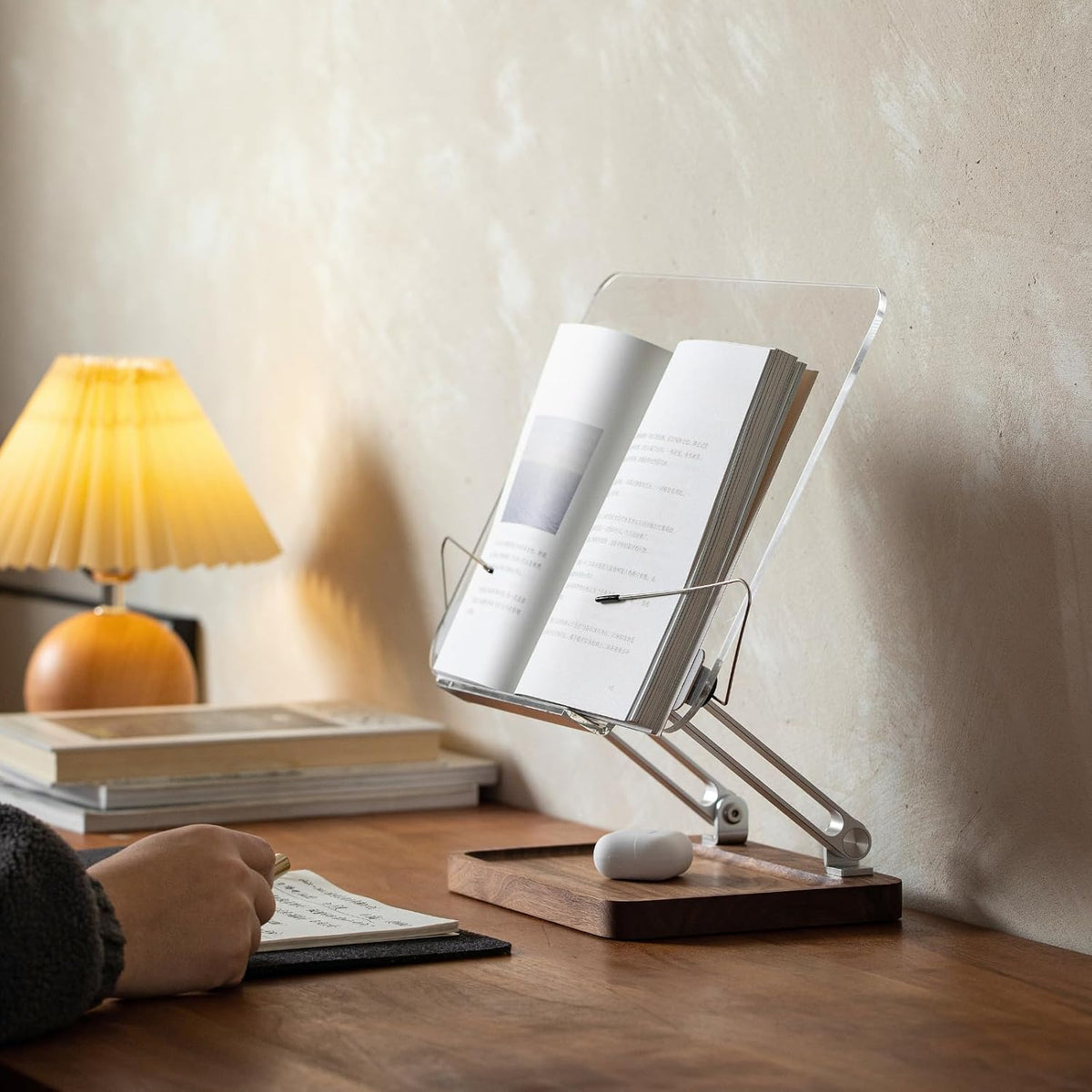 muso wood Acrylic Book Stand with Walnut Storage & Elastic Clips
