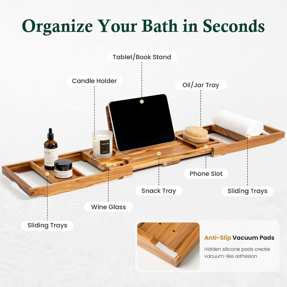 Teak Bathtub Tray Caddy, Natural Unfinished Wood Bath Organizer