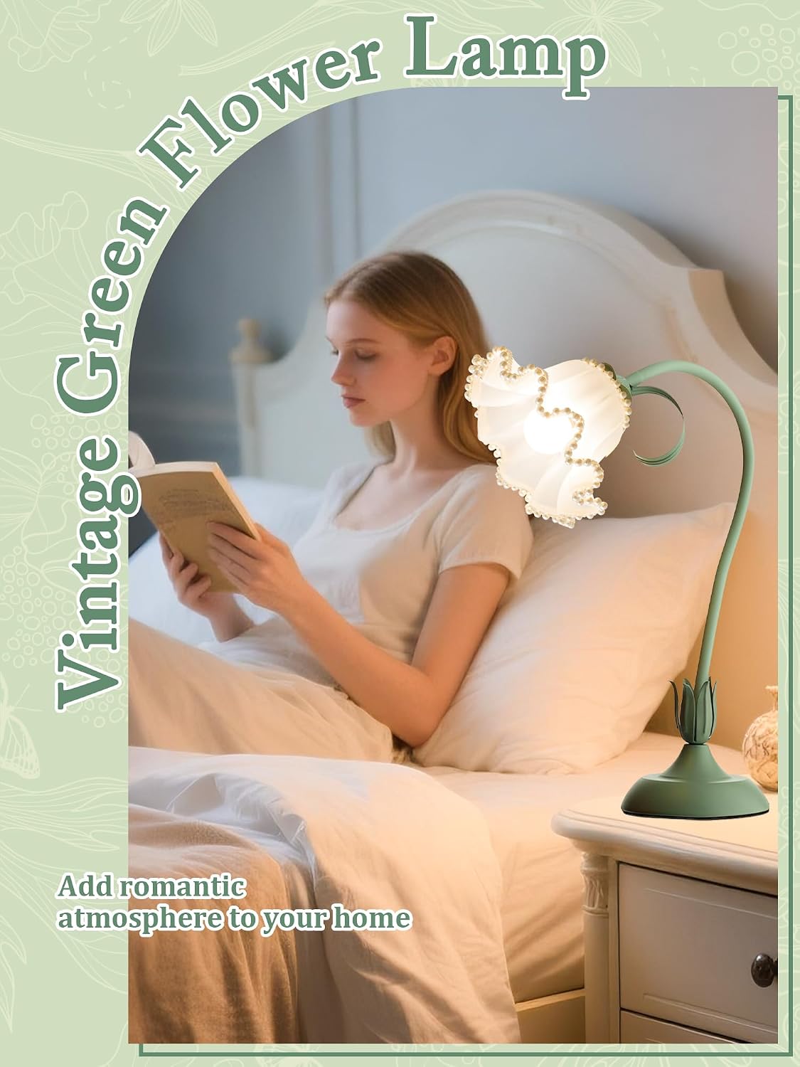 Flower Table Lamp, LED Reading Light Vintage Night light (Green Pearls)