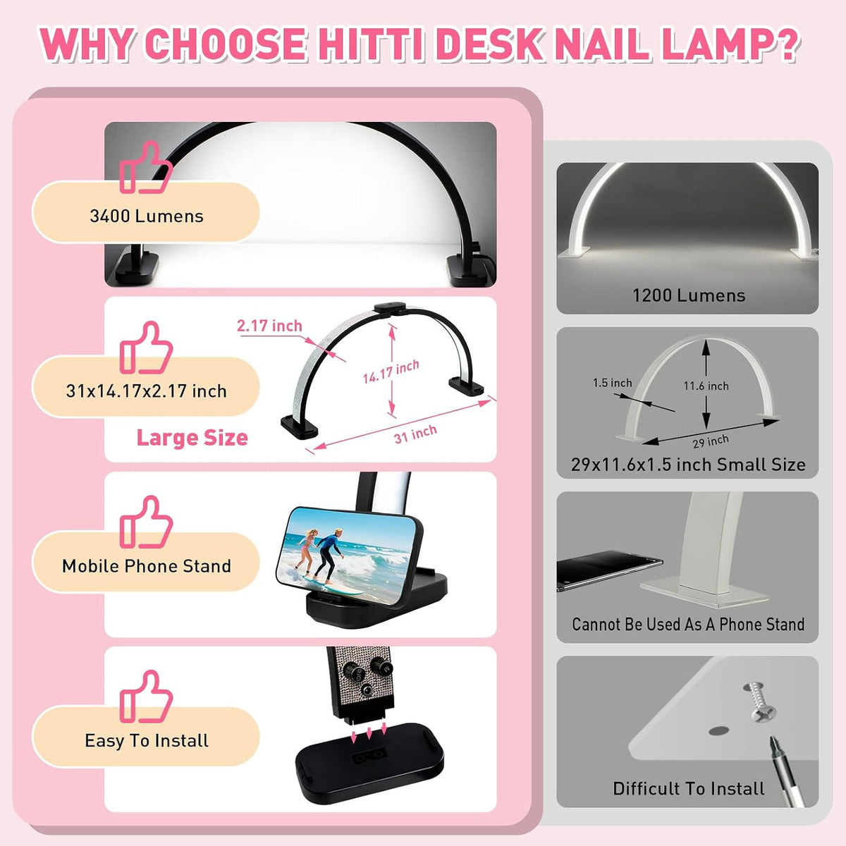 HITTI Super Large 31in Half Moon Light for Nail Desk, Crystal Diamond Black