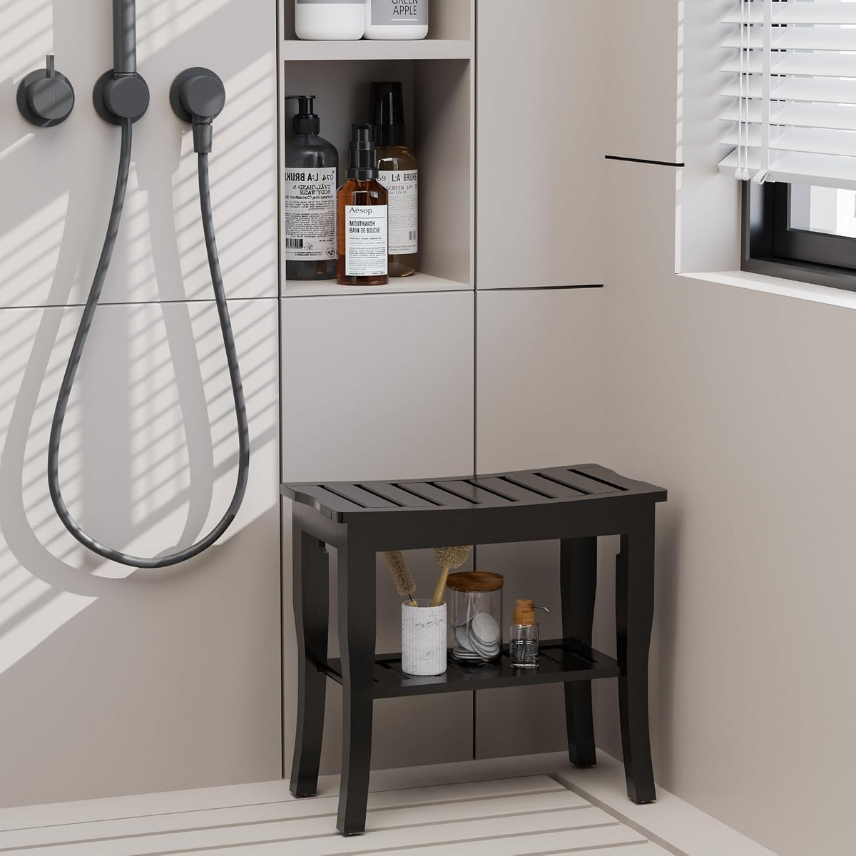 Domax Bamboo Shower Bench & Stool Waterproof - Wood Shower Bench with Sto...