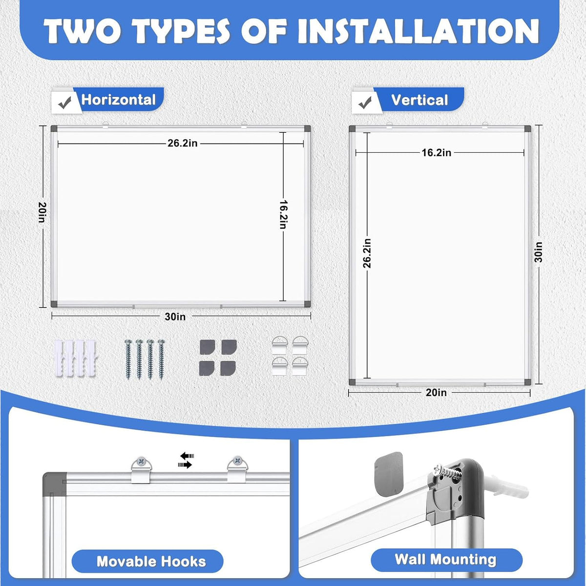 WALGLASS Double-Sided White Board 30x20 Dry Erase Magnetic for Wall