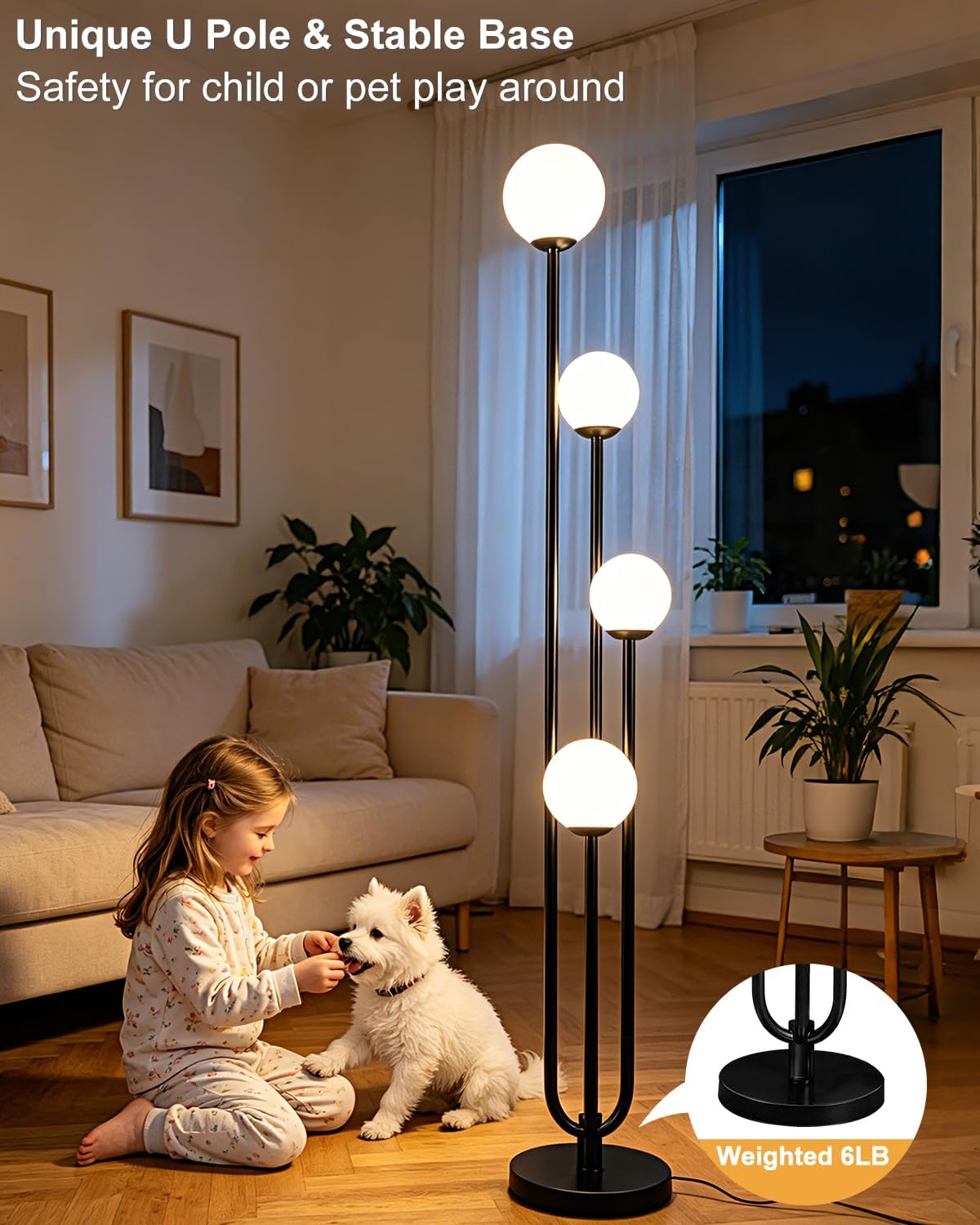 63IN 4-Light Globe Floor Lamp, Unique Black Tall Standing Lamps with 3000K Bu...