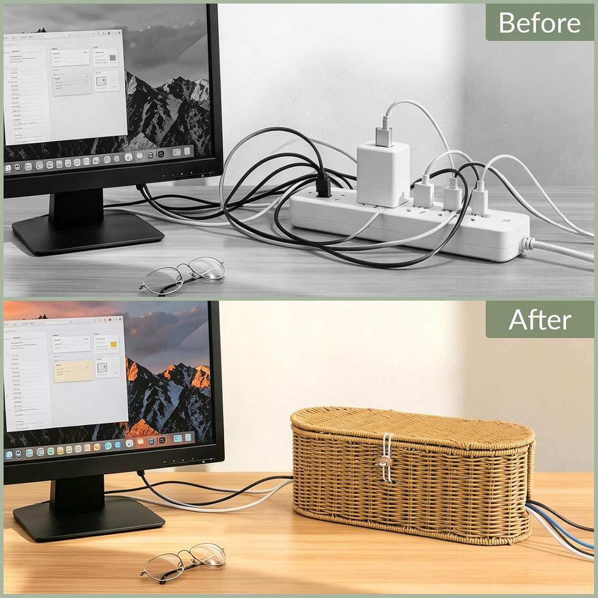 Set of 2 Cable Management Box, Cord Organizer to Hider Cords & Power Strip