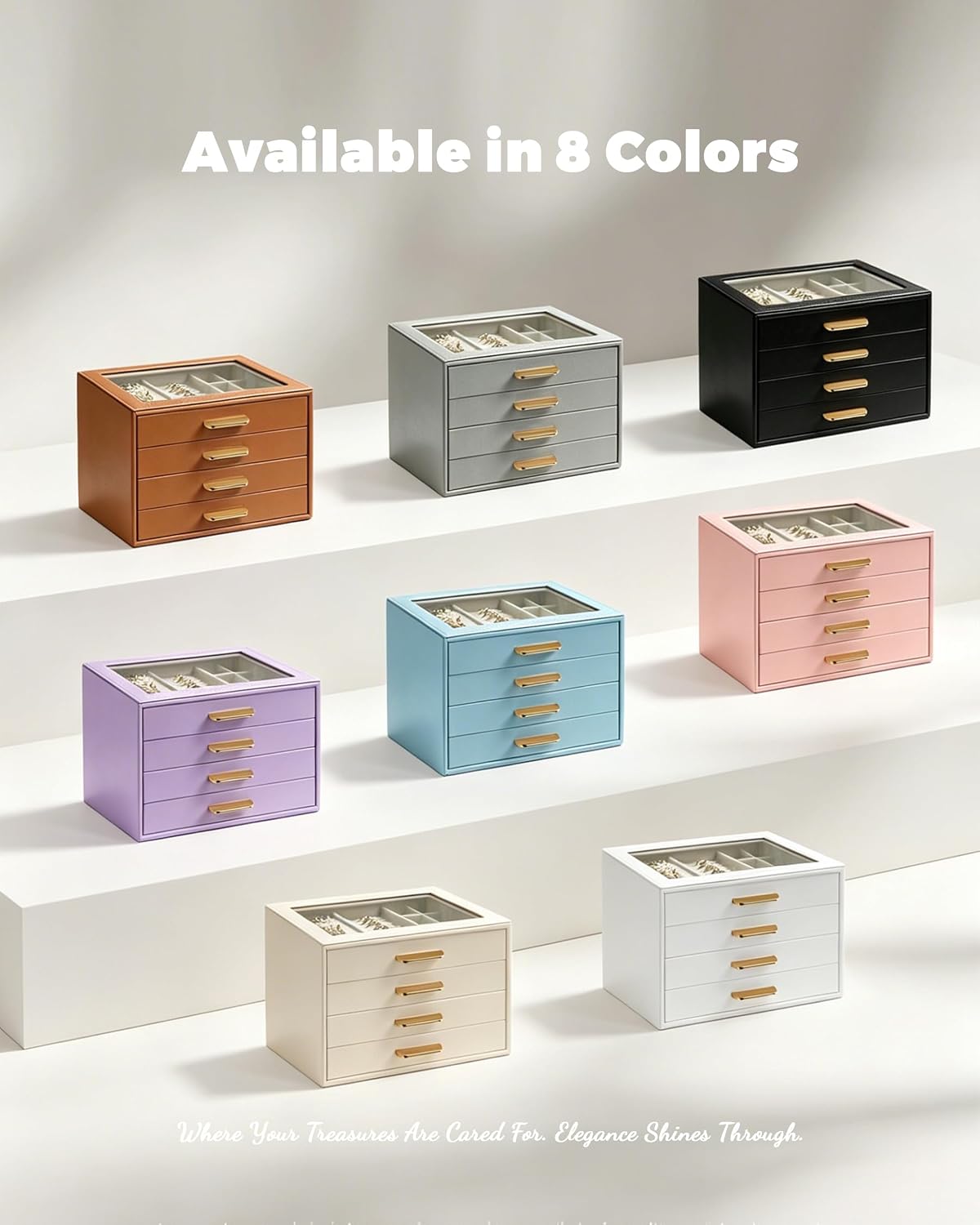 Homeanda Jewelry Boxes Organizer with Glass Lid, 4-Layer PU Leather, White