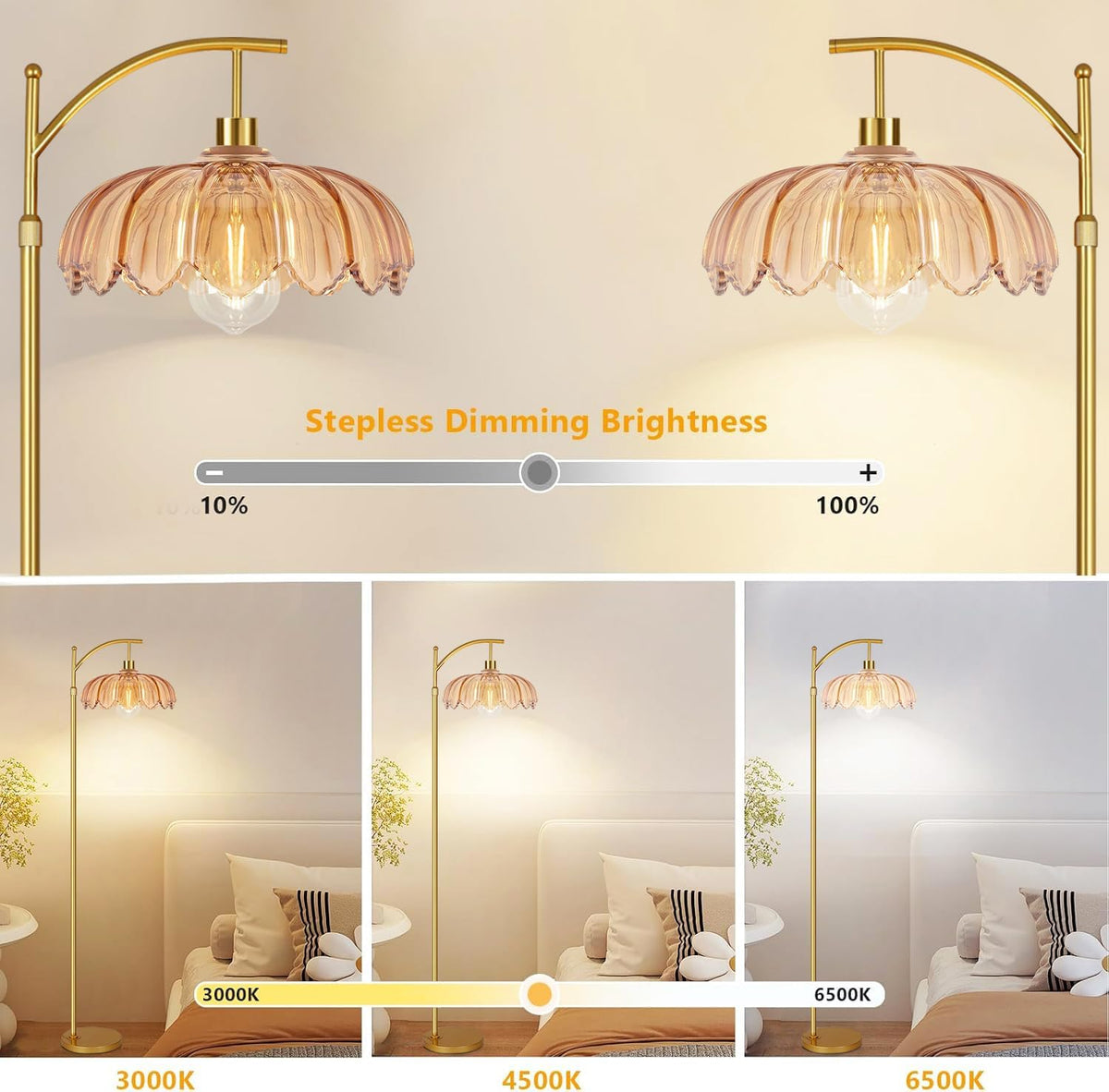 QIYIZM Glass Floor Lamp for Living Room,Bedroom,Gold Dimmable Standing Lamp w...
