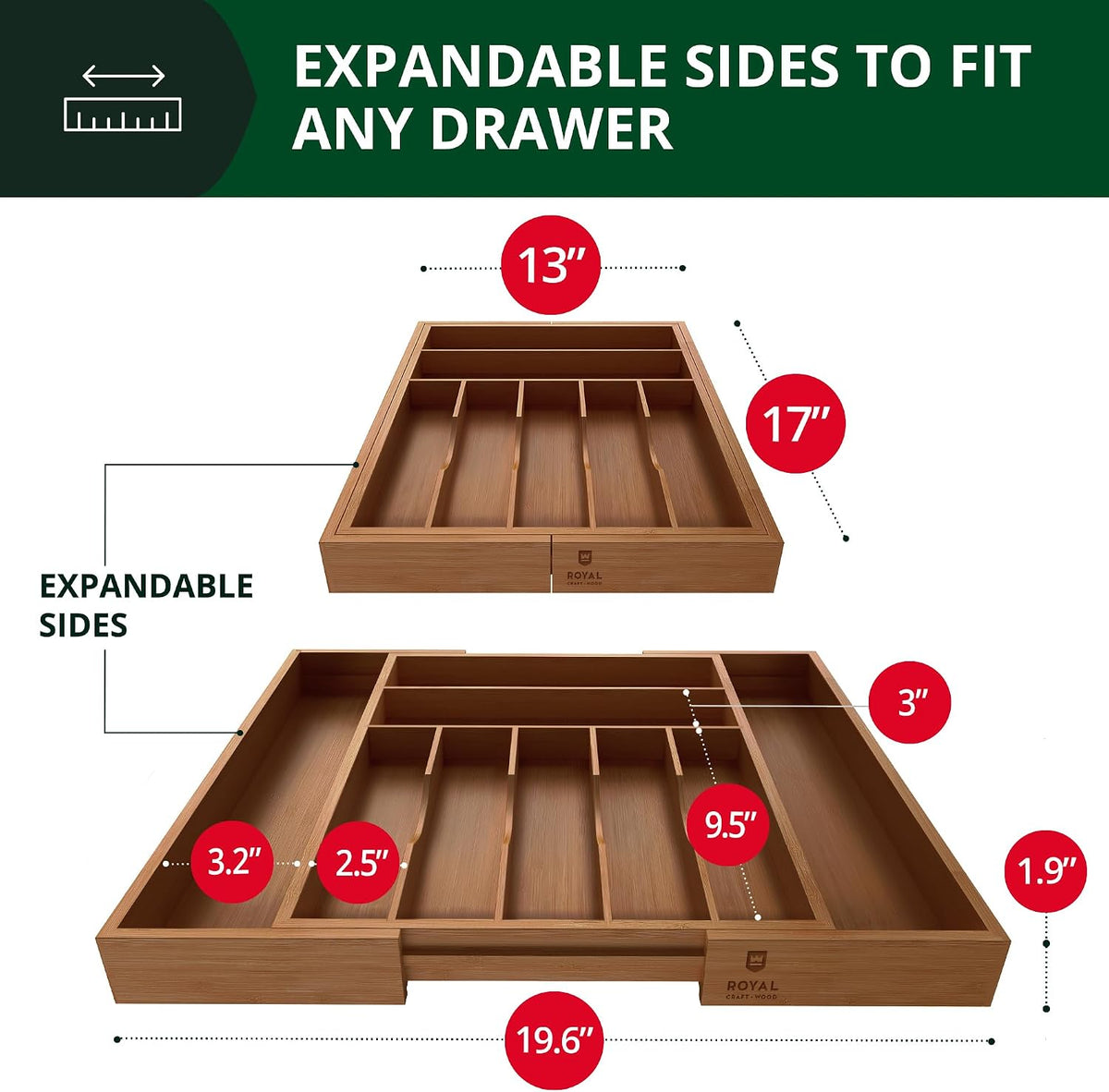 ROYAL CRAFT WOOD Luxury Bamboo Kitchen Drawer Organizer - Silverware Organize...