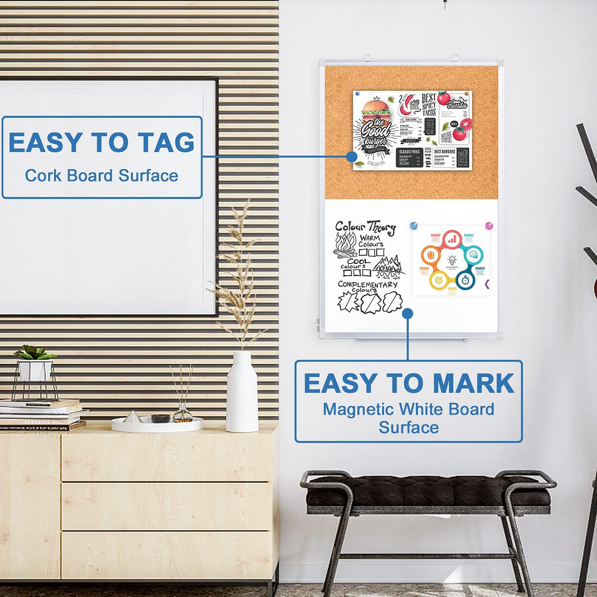 Magnetic White Board and Cork Board Combo 36" x 24" Aluminum Frame