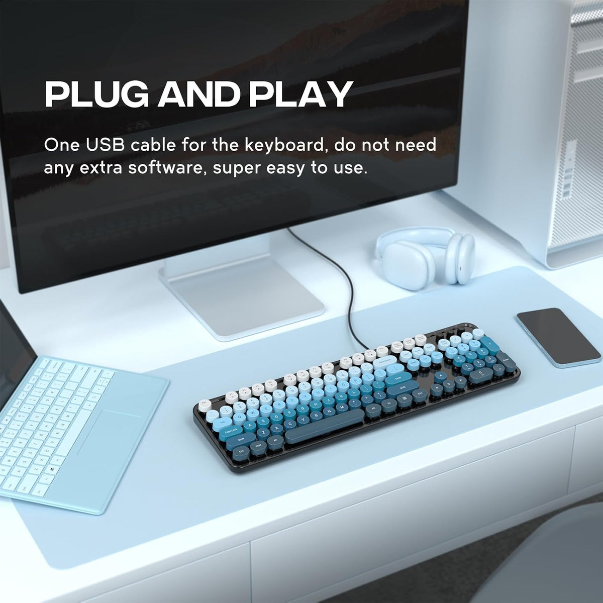 MOFII Computer Keyboard Wired,Round Key Retro Typewriter Keyboard Full Size