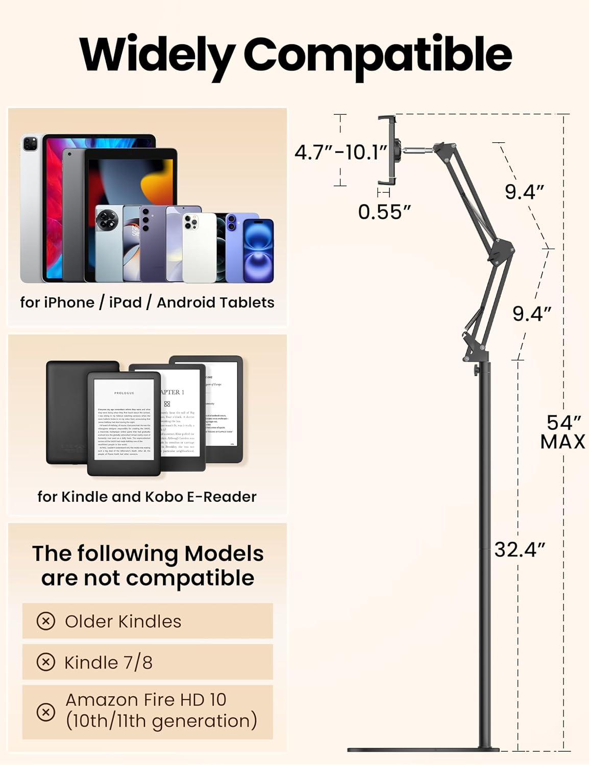 Floor Stand Holder with Remote Page Turner for Kindle, for Reading in Bed