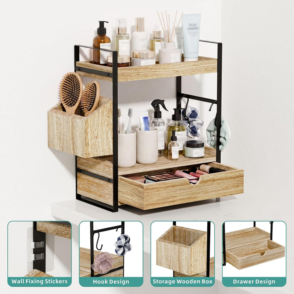 Kottwca 2-Tier Bathroom Counter Organizer with Drawer, Wooden Vanity Shelf
