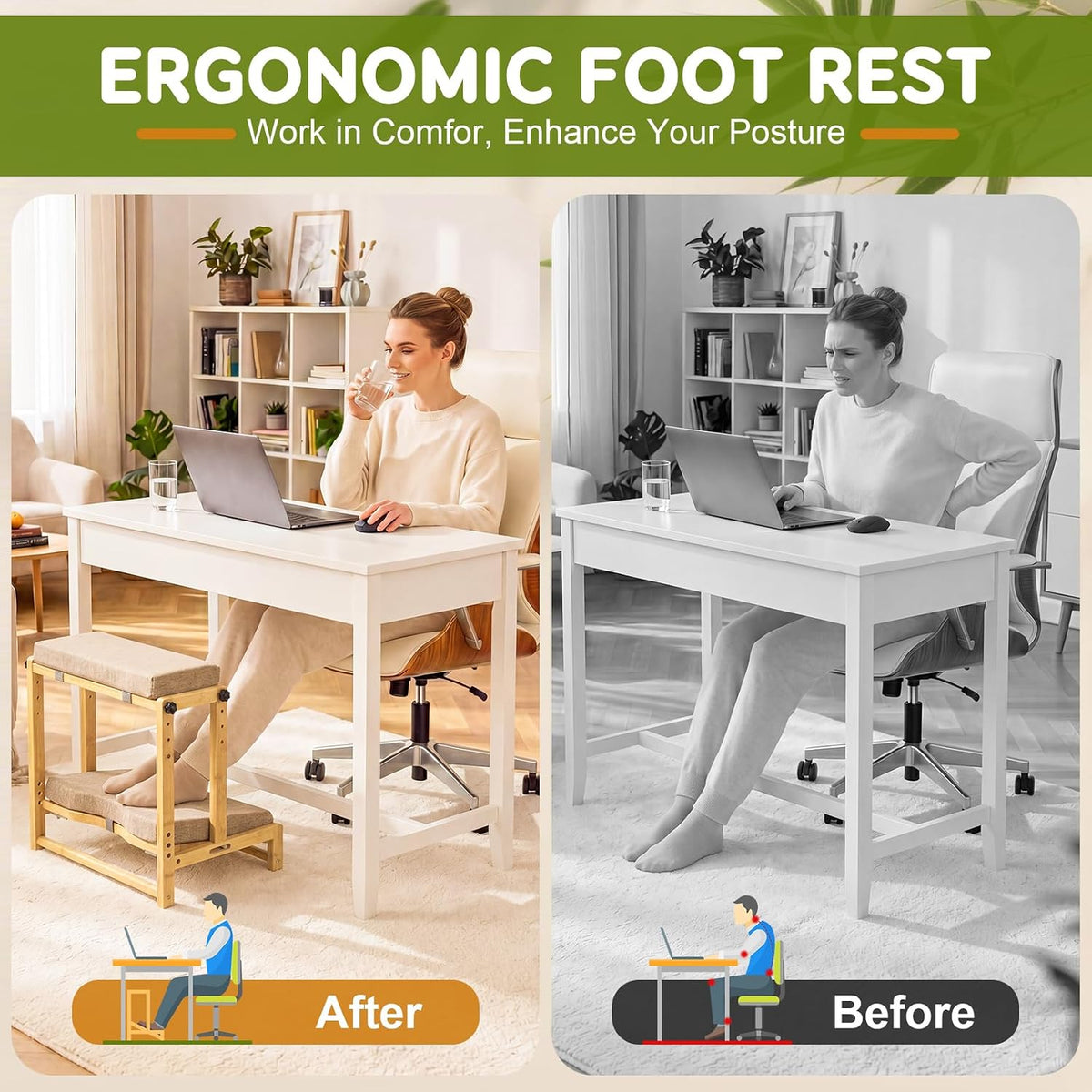 Adjustable Wooden Under Desk Footrest, Ergonomic Double Step Desk Foot Stool ...