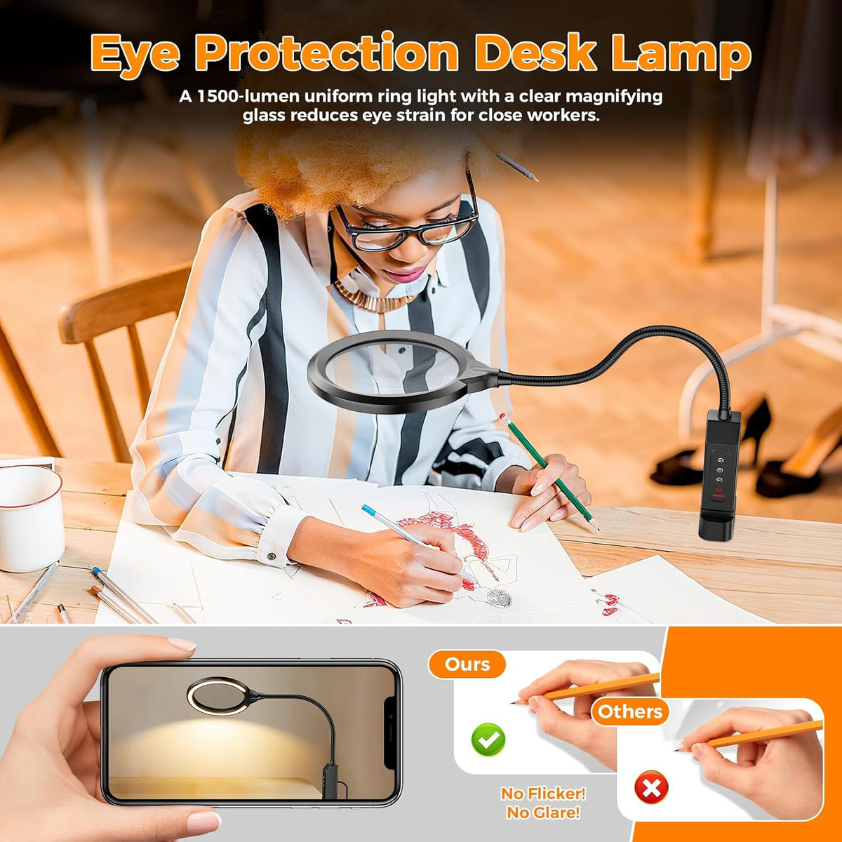 15X Magnifying Glass with Light and Stand, 5-Color & 10 Lightness Level
