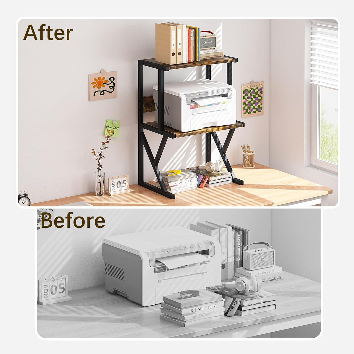 aboxoo Printer Stand for Desk to Save Space, Metal+Wood for Home Office