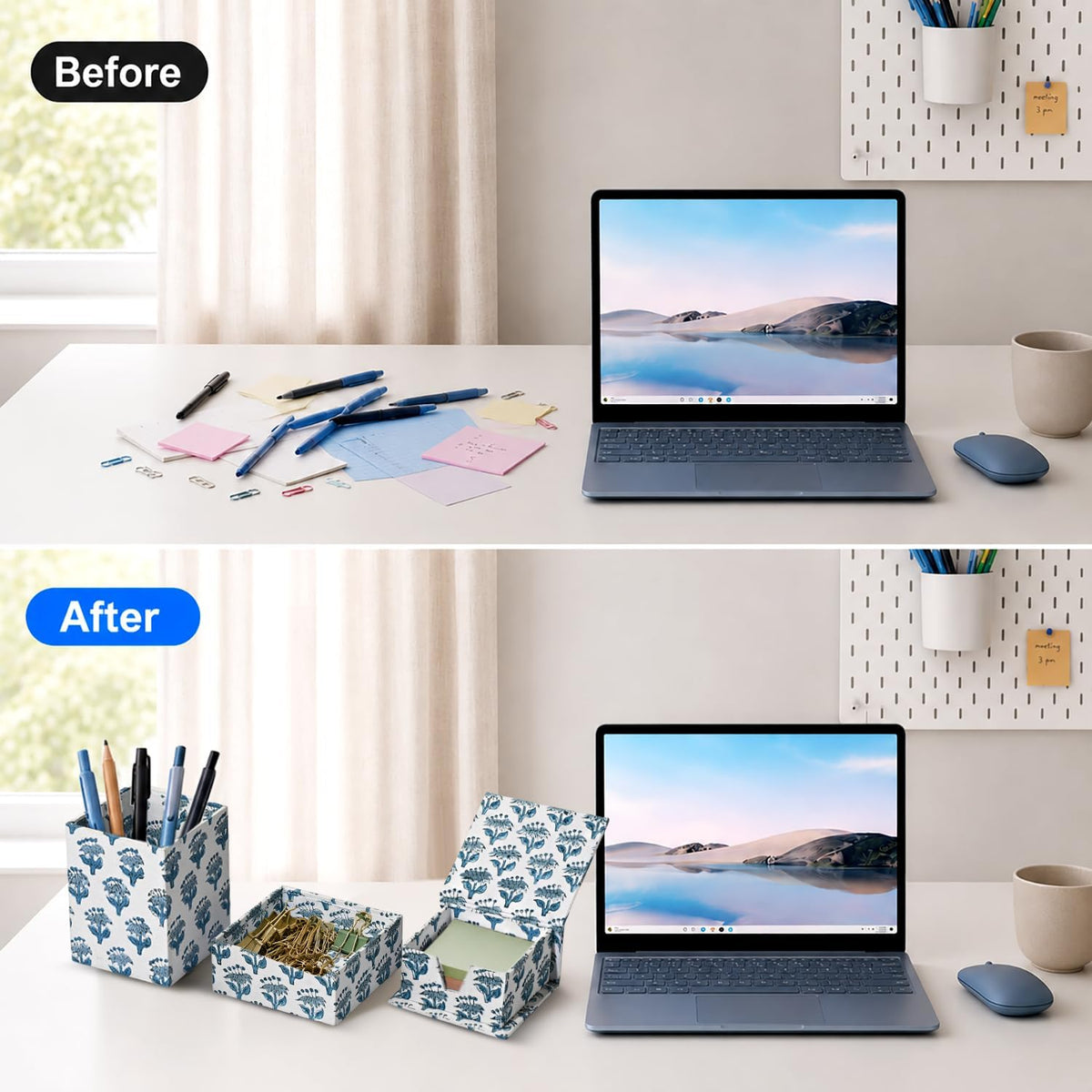 CPC Apatite Blue Block Print Set of 3 Desk Organizer
