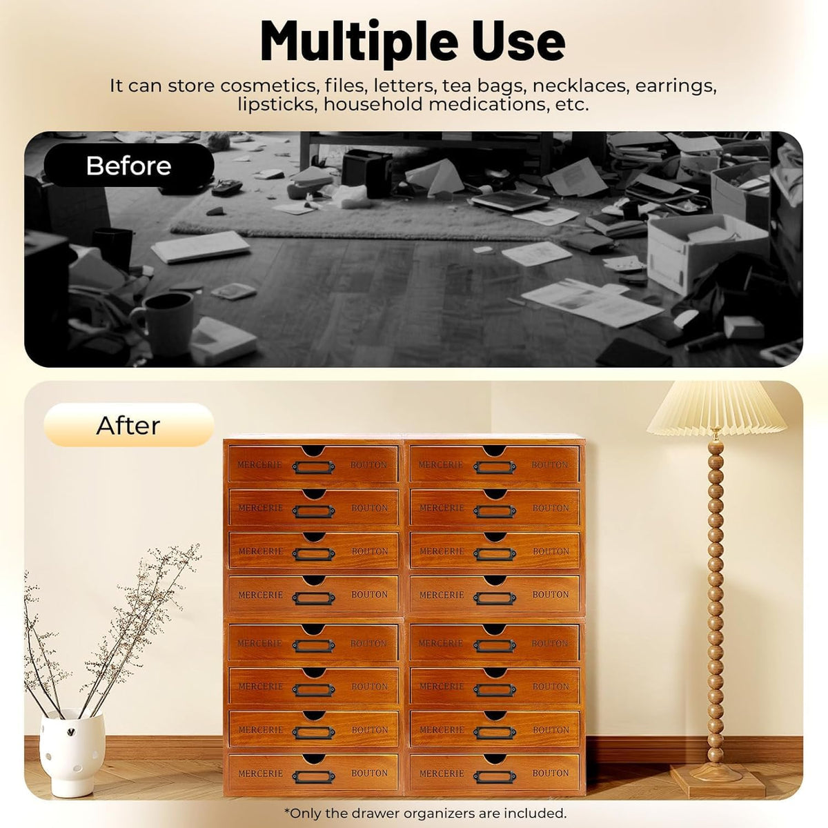 Vintage Wooden Drawer Organizer with 16 Drawers, 4-Tier Stackable Desktop Sto...