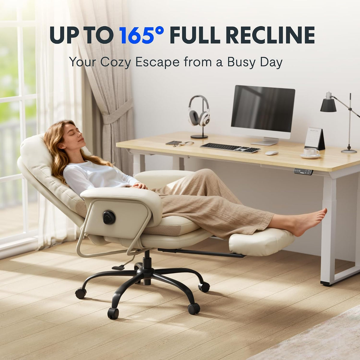 FLEXISPOT HC4 2-in-1 Chaise Lounge Chair Indoor, PU Leather, Beige White