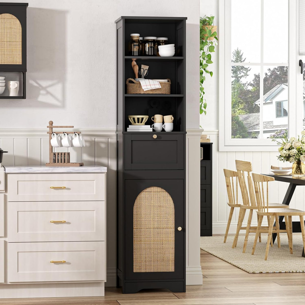 Tall Narrow Rattan Bathroom Storage Cabinet with Doors and Drawers, Black