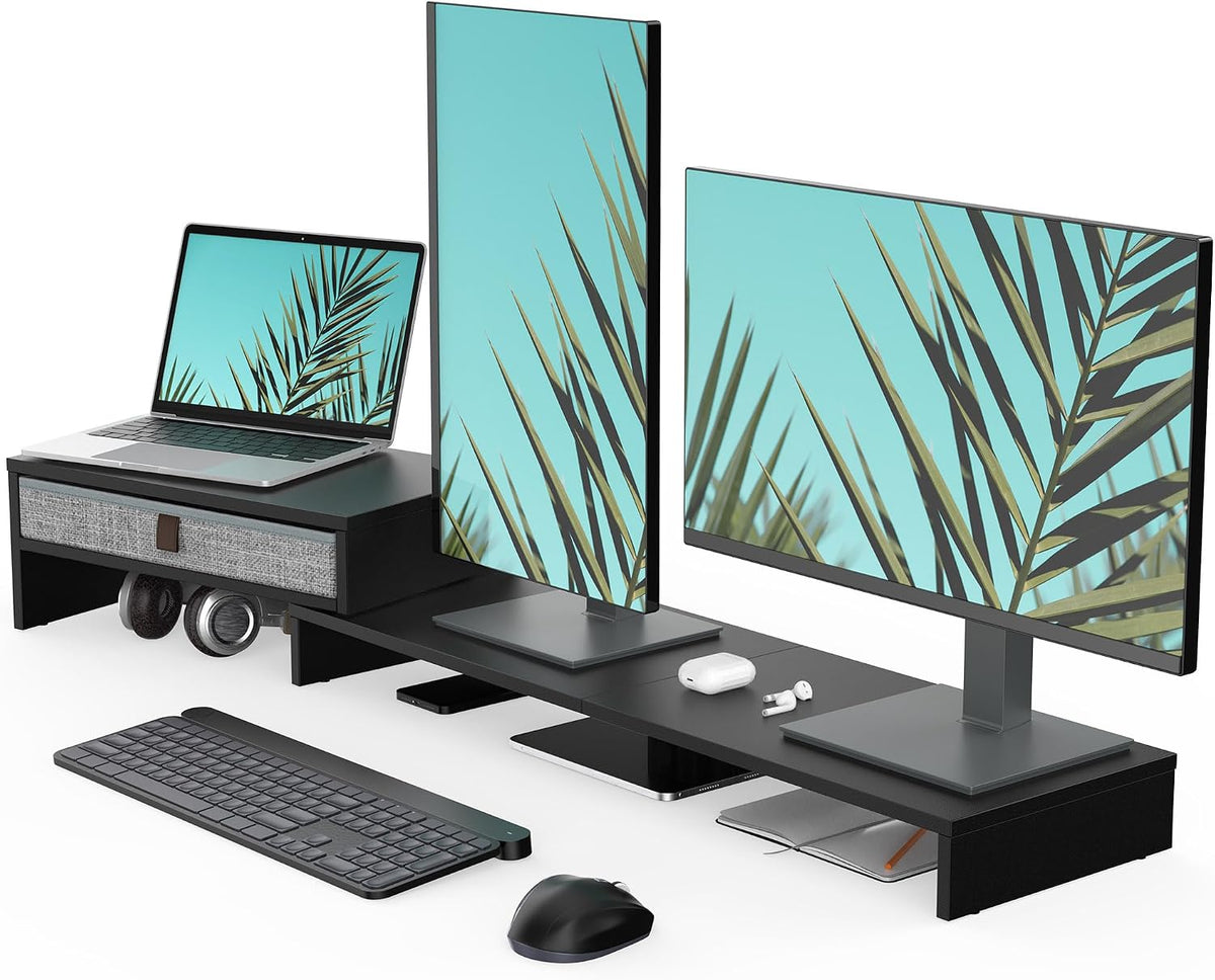 Fenge Triple Monitor Stand with Storage Drawer, Adjustable Length and Angle