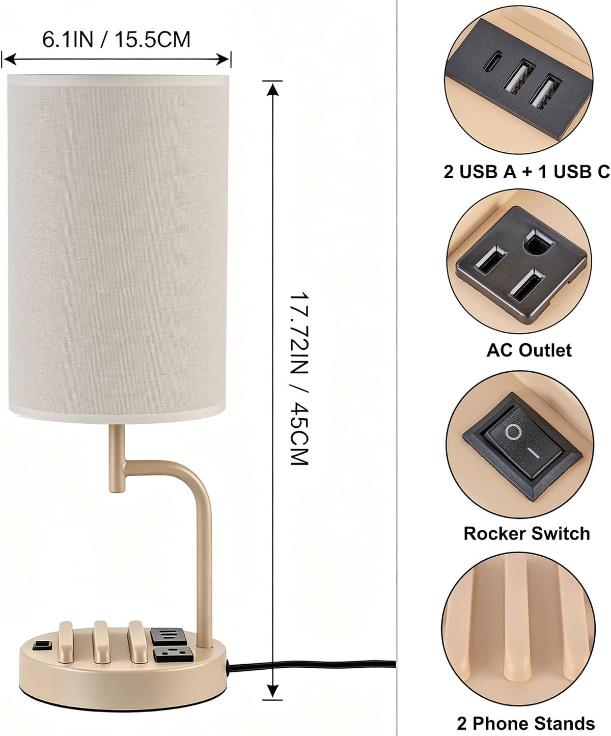 Dreamholder 2 Pack Table Lamp, Bedside Lamp with 3 USB Charging Ports & A...