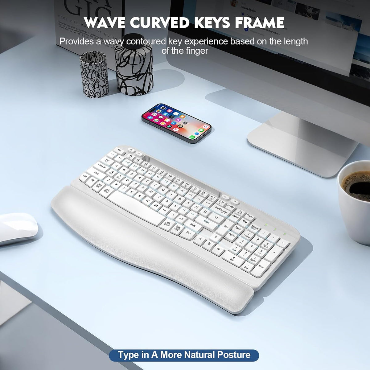 EAYBLLY 2.4G Wireless Ergonomic Keyboard, Full Size Wave Keys with Memory Foa...