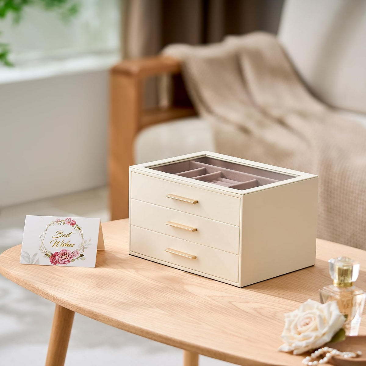 Jewelry Box Organizer Storage Case, 3-Layer with Glass Window, White